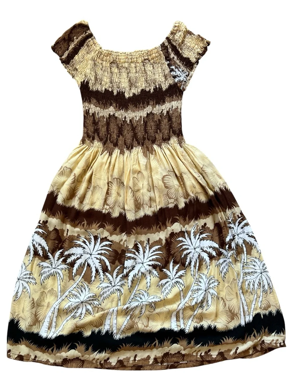 CoCo Beach Hawaii Women's Brown & Cream Tropical Midi Dress with Smocked Bodice